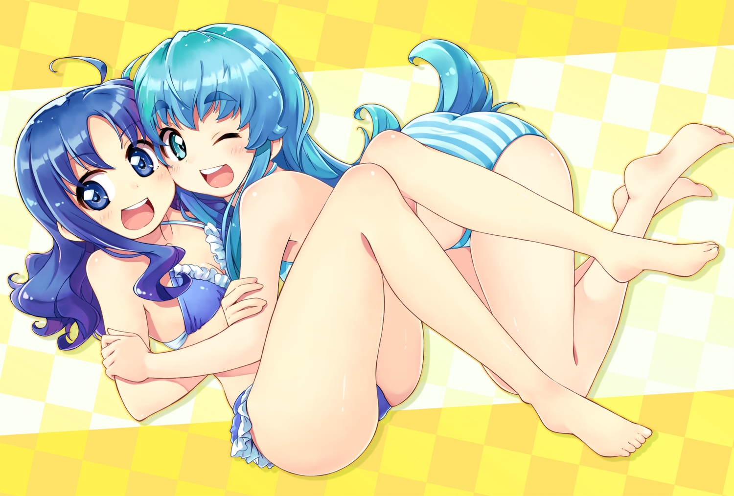 2girls, ass, barefoot, bikini, blue_hair, breasts, cleavage, happinesscharge_precure!, heartcatch_precure!, kurumi_erika, precure, satogo, shirayuki_hime, swimsuit