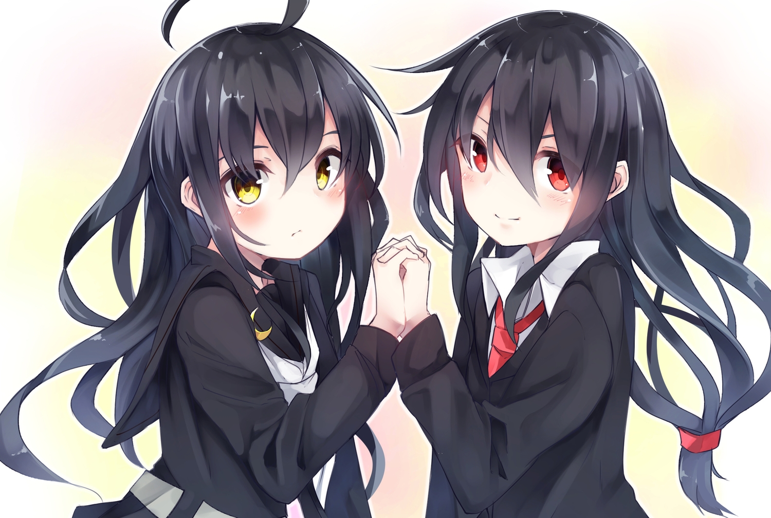 2girls, anthropomorphism, black_hair, blush, cropped, hatsushimo_(kancolle), kantai_collection, long_hair, mikazuki_(kancolle), otokuyou, red_eyes, white, yellow_eyes