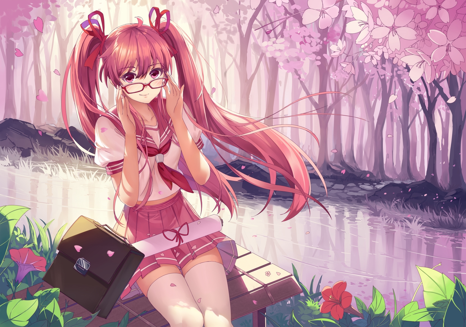 cherry_blossoms, flowers, glasses, haraguroi_you, hatsune_miku, leaves, long_hair, park