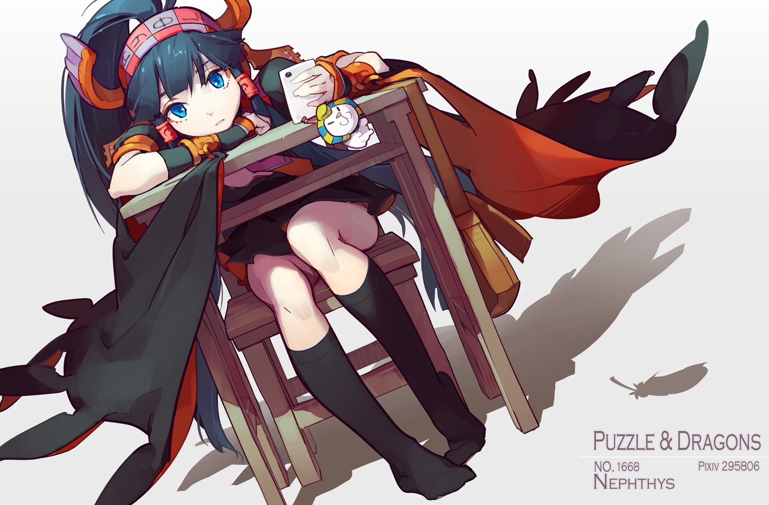 black_hair, blue_eyes, cape, feathers, headdress, kneehighs, long_hair, nephthys_(p&d)