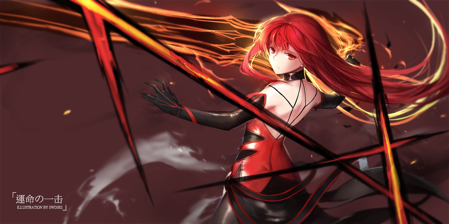 choker, elbow_gloves, elesis_(elsword), elsword, gloves, long_hair, red_eyes, red_hair