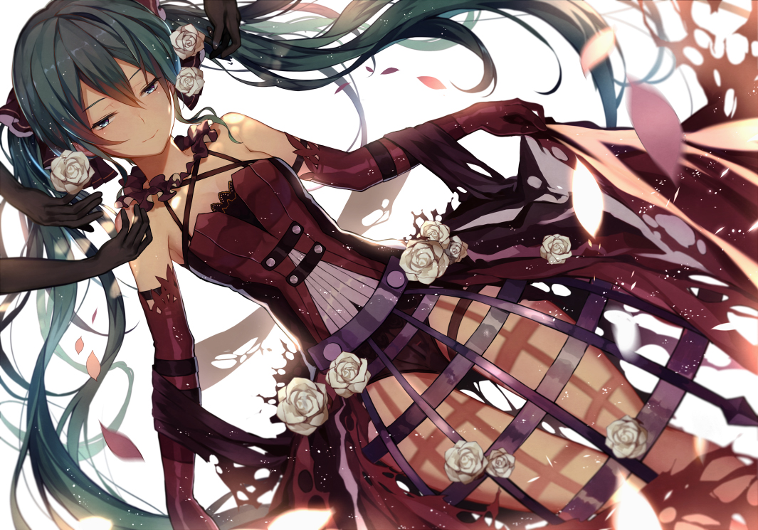 corset, elbow_gloves, flowers, gloves, goth-loli, gray_hair, hatsune_miku, lolita_fashion