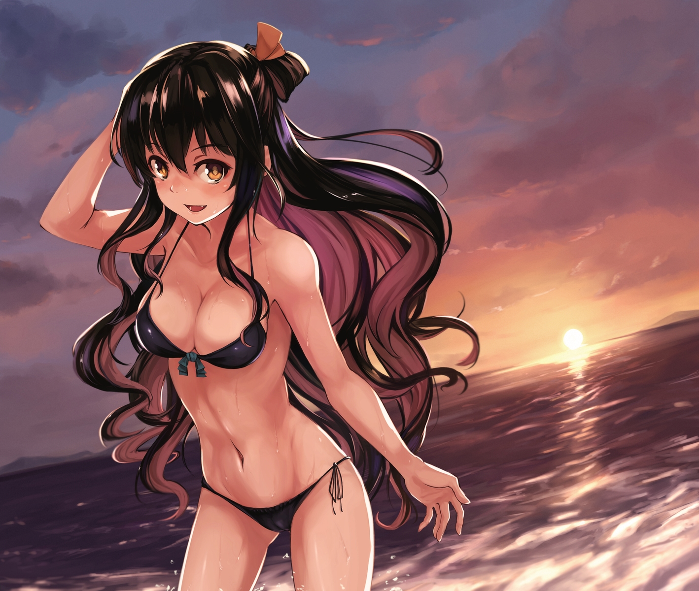 anthropomorphism, bikini, black_hair, breasts, brown_eyes, cameltoe, cleavage, kantai_collection, long_hair, maki_pei, naganami_(kancolle), navel, sunset, swimsuit, water, wet