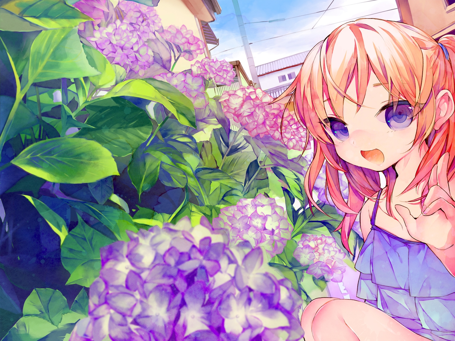 aveku, building, dress, flowers, leaves, long_hair, makino_(sinobusan), orange_hair, original, ponytail, purple_eyes, summer_dress