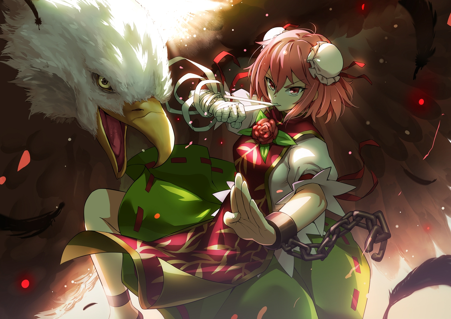 animal, bandage, bird, bobomaster, chinese_clothes, chinese_dress, dress, feathers, flowers, ibaraki_kasen, pink_eyes, pink_hair, rose, shackles, touhou