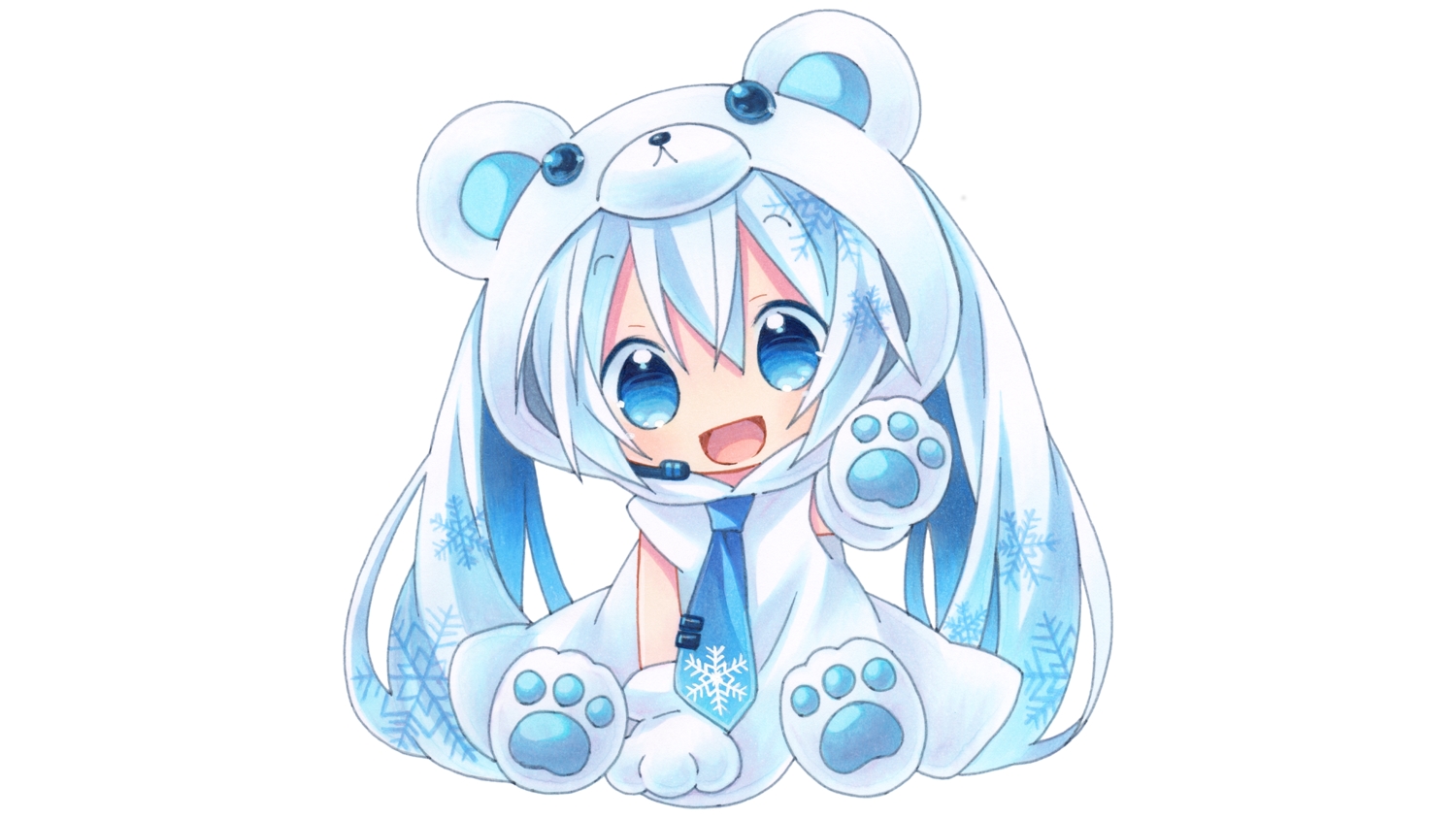 blue_eyes, blue_hair, chibi, gloves, hatsune_miku, hood, kagami_leo, long_hair, microphone, tie, twintails, vocaloid, white, yuki_miku