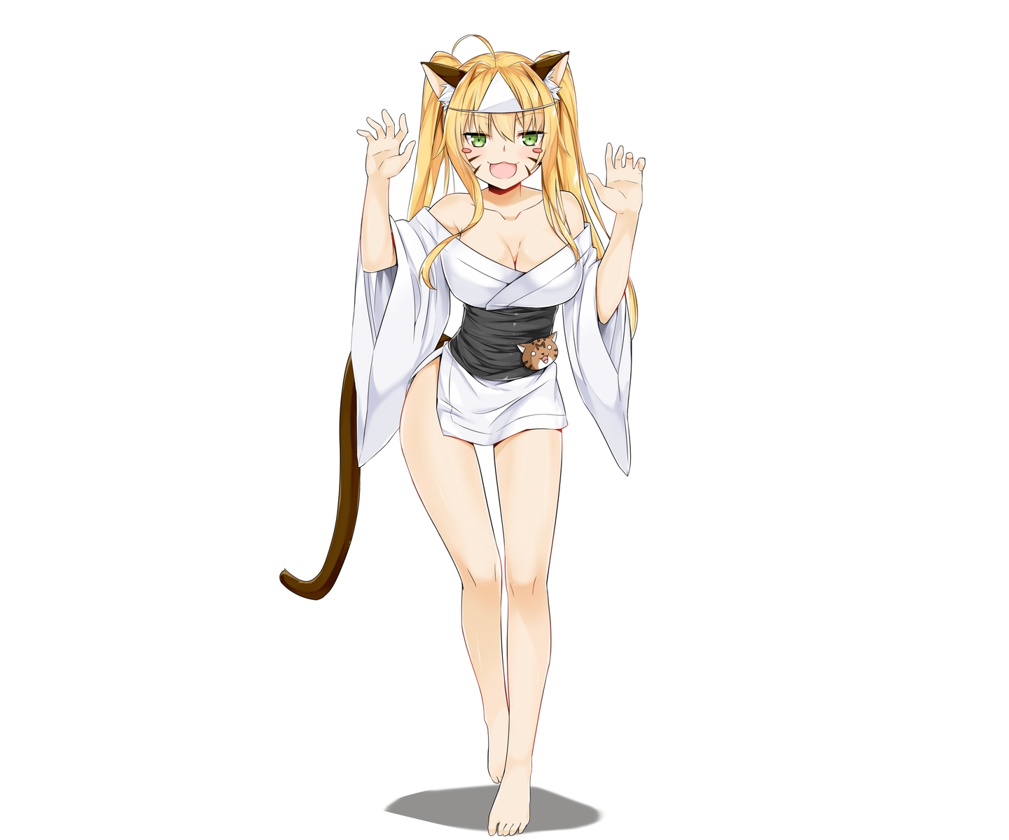 animal_ears, barefoot, blonde_hair, blush, breasts, catgirl, cat_smile, cleavage, fang, green_eyes, @ichigo, japanese_clothes, long_hair, tail, twintails, white