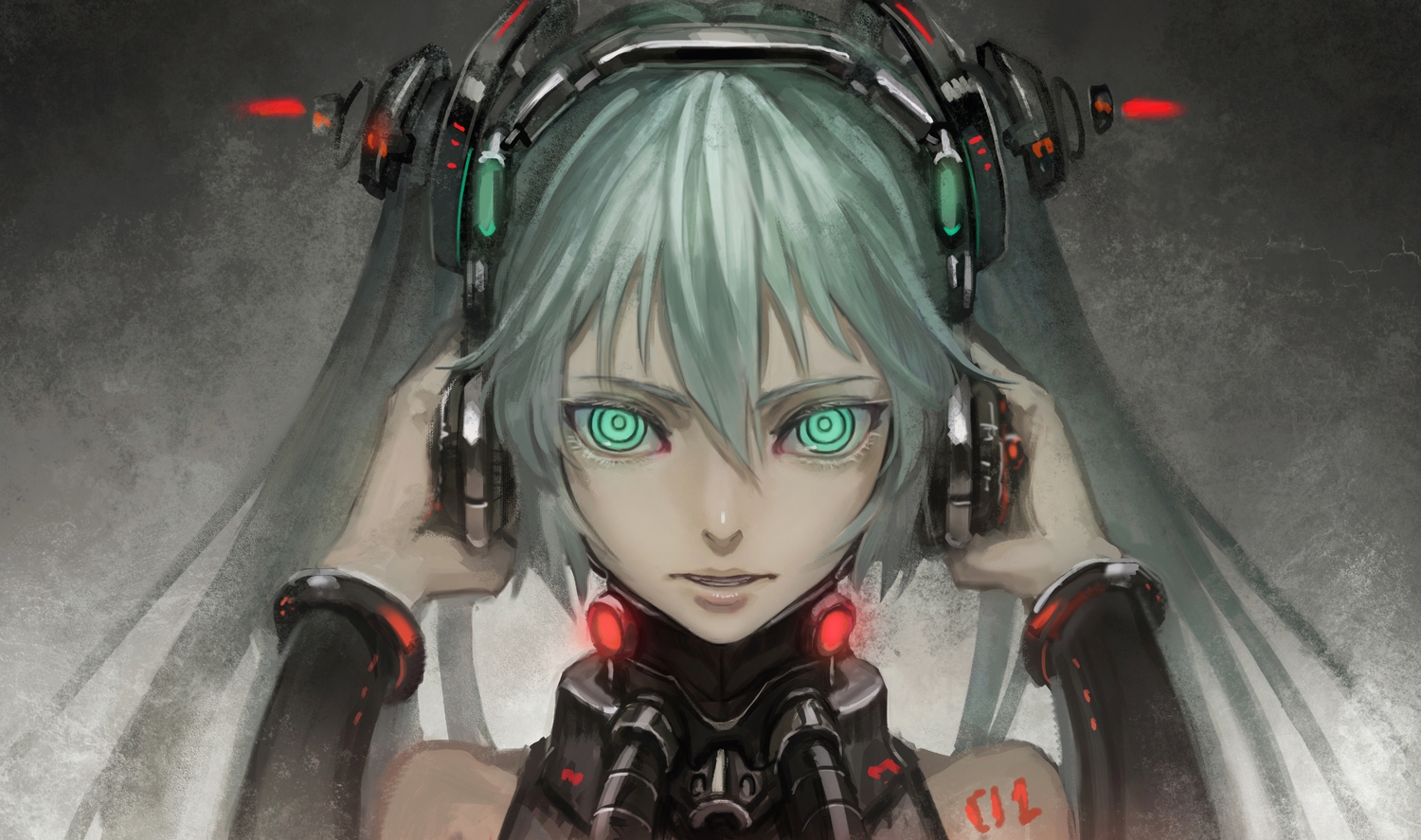 aqua_eyes, aqua_hair, bodysuit, bryanth, close, gray, hatsune_miku, headphones, long_hair, twintails, vocaloid