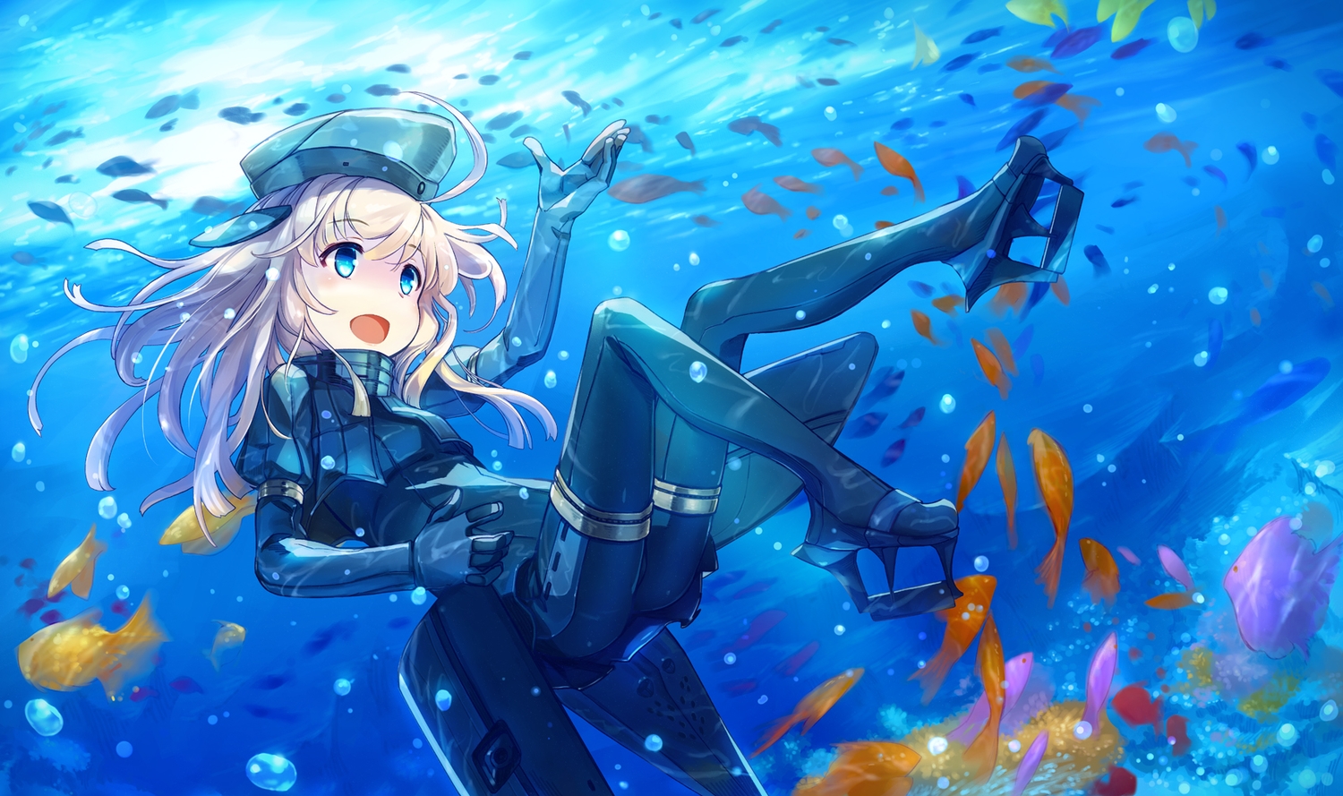 animal, anthropomorphism, blonde_hair, blue, blue_eyes, bubbles, elbow_gloves, fish, gloves, hat, kantai_collection, long_hair, pantyhose, ro-500_(kancolle), u-511_(kancolle), underwater, uniform, virus_(obsession), water
