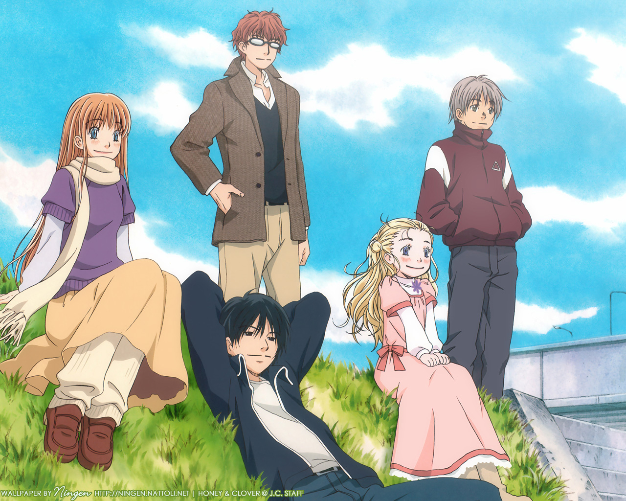 clouds, grass, hachimitsu_to_clover, hanamoto_hagumi, morita_shinobu, sky, takemoto_yuuta, takumi_mayama, yamada_ayumi