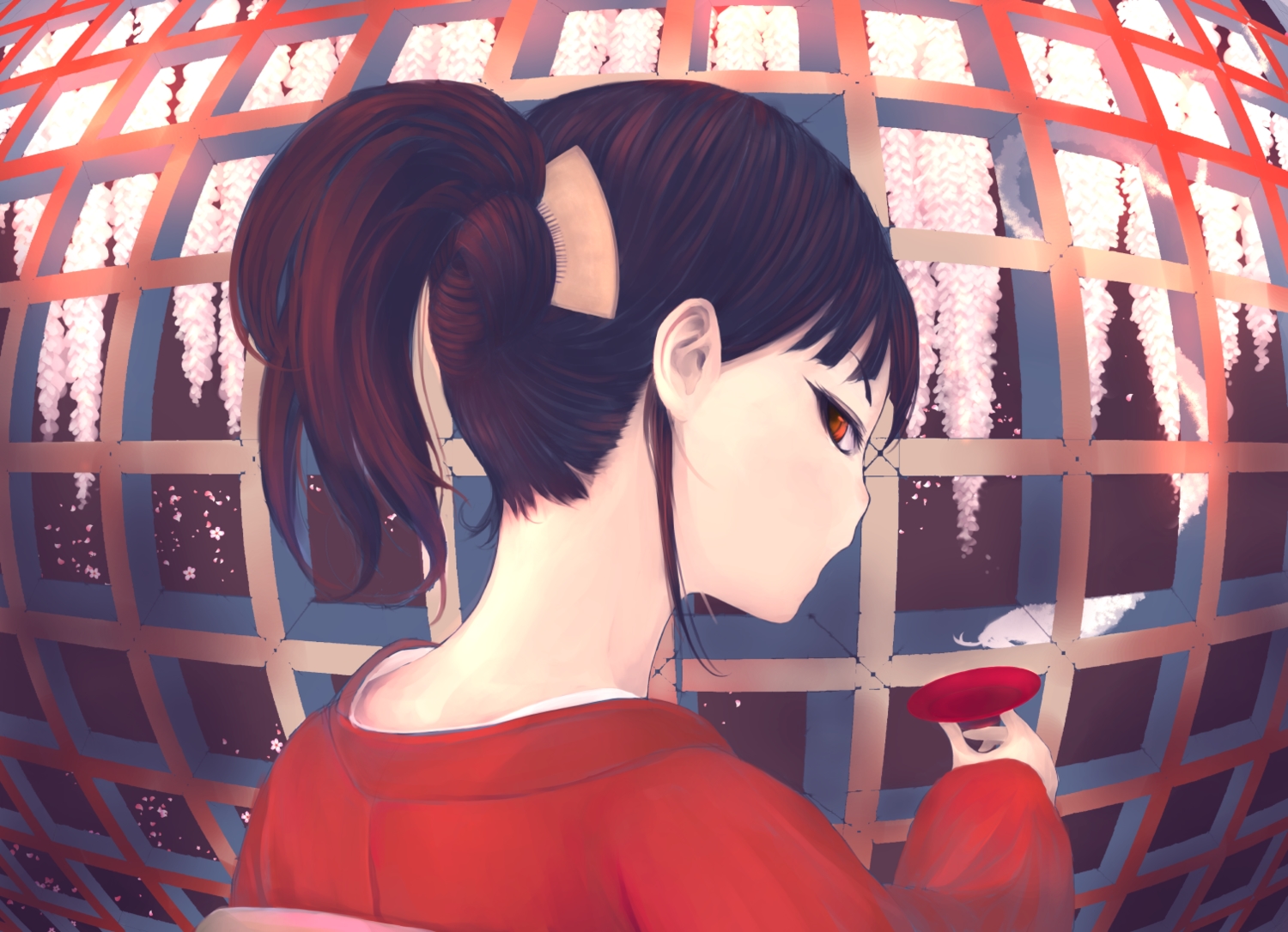 black_hair, drink, japanese_clothes, kemeko, kimono, original, ponytail, red_eyes