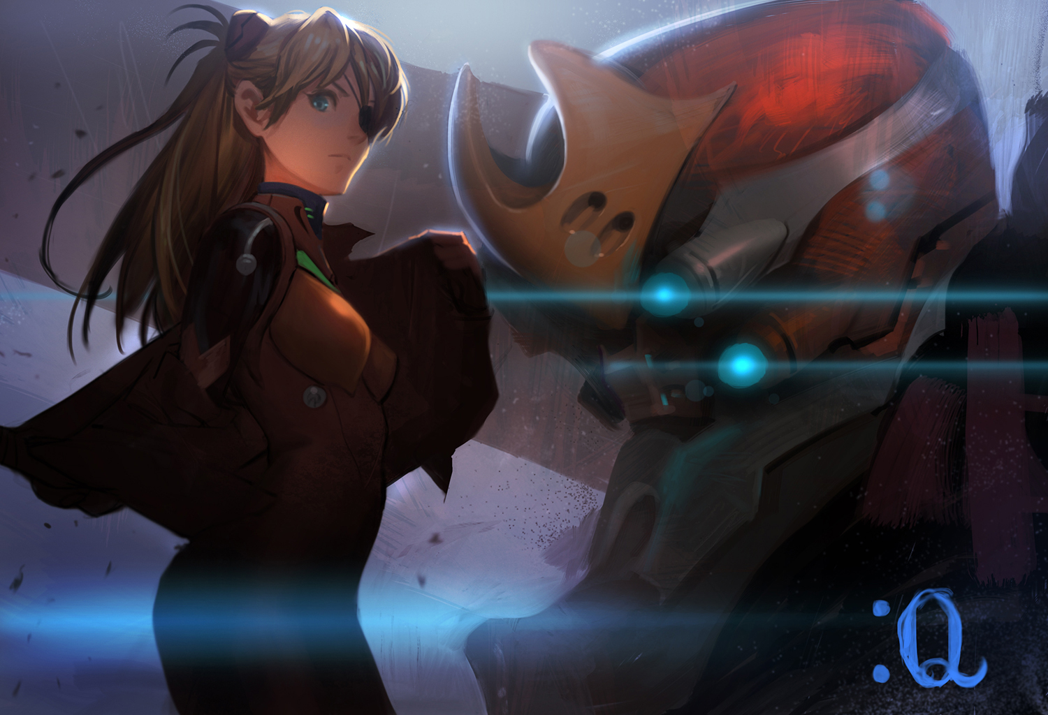 blue_eyes, bodysuit, brown_hair, eyepatch, long_hair, mecha, neon_genesis_evangelion, soryu_asuka_langley, sunkist