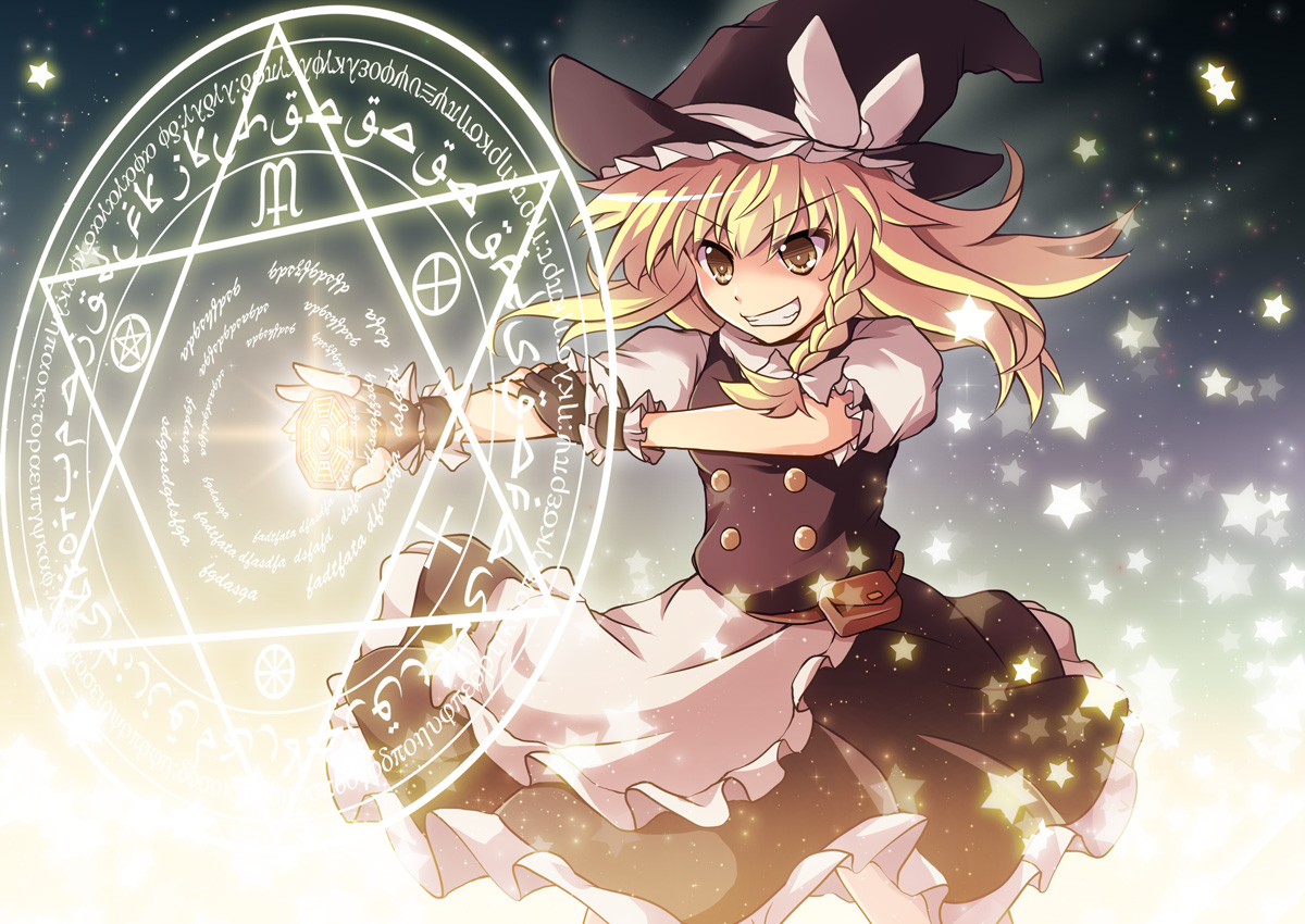 blonde_hair, braids, cross_(crossryou), hat, kirisame_marisa, long_hair, magic, stars, touhou, witch, witch_hat, wristwear, yellow_eyes