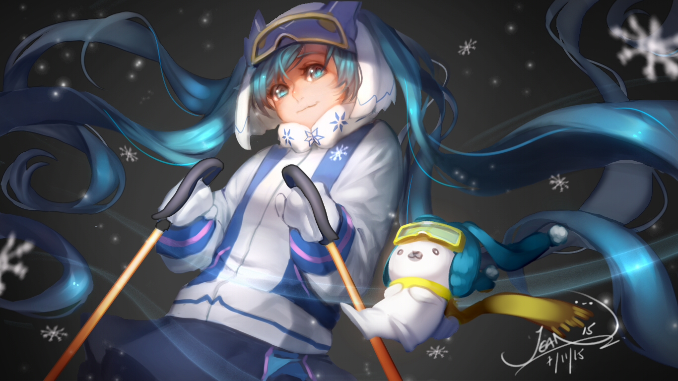 hatsune_miku, jean, signed, vocaloid, yuki_miku, yukine_(vocaloid)