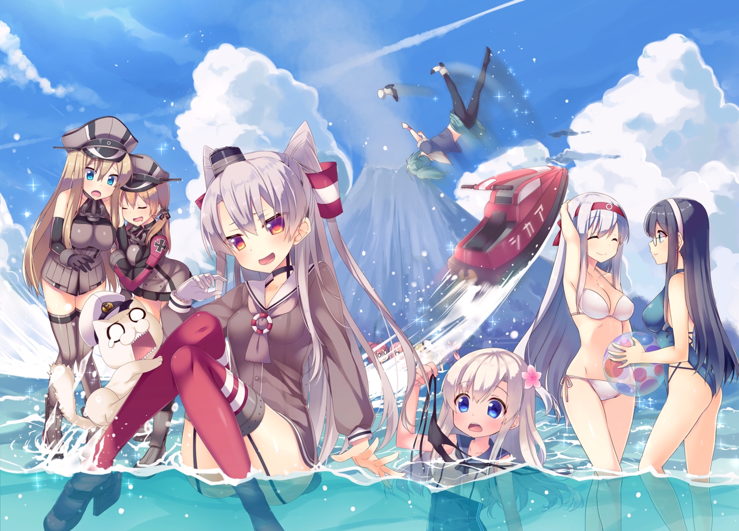 admiral_(kancolle), amatsukaze_(kancolle), anthropomorphism, ball, bikini, bismarck_(kancolle), breasts, cleavage, clouds, group, hat, i-168_(kancolle), i-19_(kancolle), i-58_(kancolle), i-8_(kancolle), kantai_collection, long_hair, ooyodo_(kancolle), prinz_eugen_(kancolle), ro-500_(kancolle), school_uniform, shoukaku_(kancolle), swimsuit, tahya, thighhighs, twintails, water, yuubari_(kancolle)
