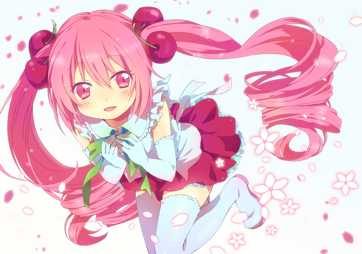 cherry, cherry_blossoms, elbow_gloves, flowers, food, fruit, gloves, hatsune_miku