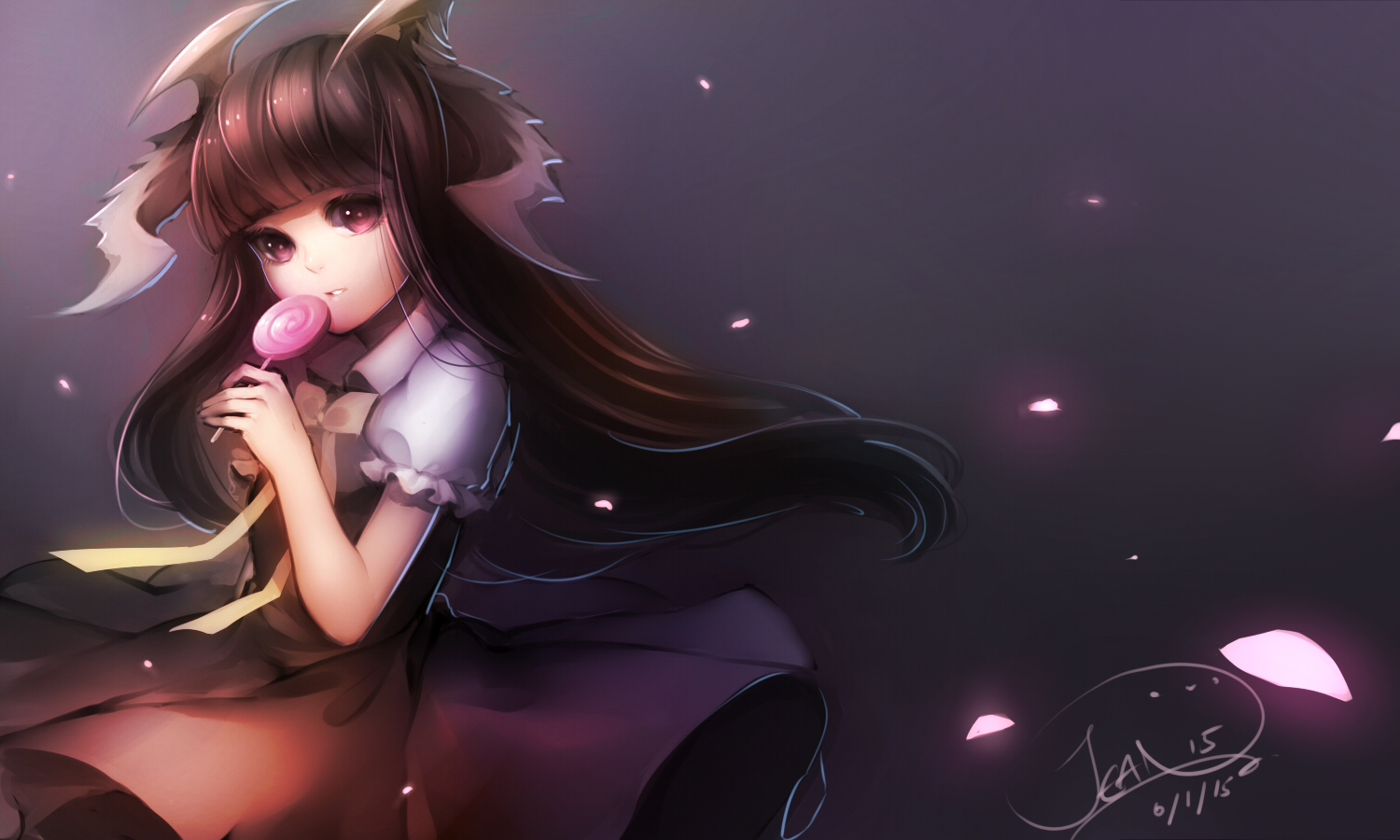 brown_hair, candy, horns, jean, lollipop, original, pink_eyes, signed