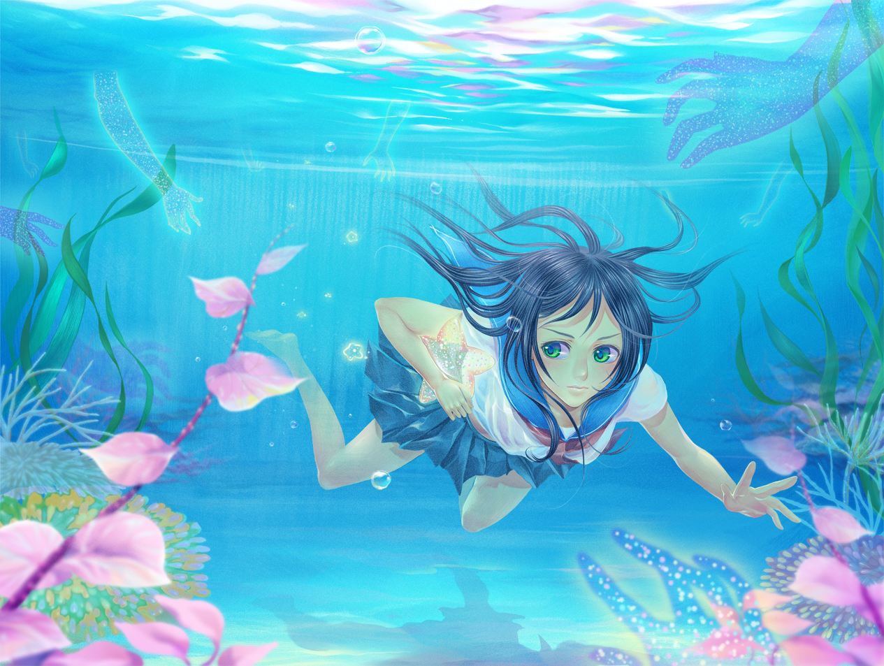 barefoot, black_hair, green_eyes, original, school_uniform, sleeping-pig, underwater, water
