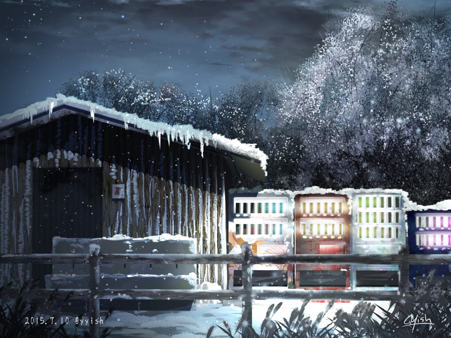 building, clouds, night, no_humans, original, scenic, signed, snow