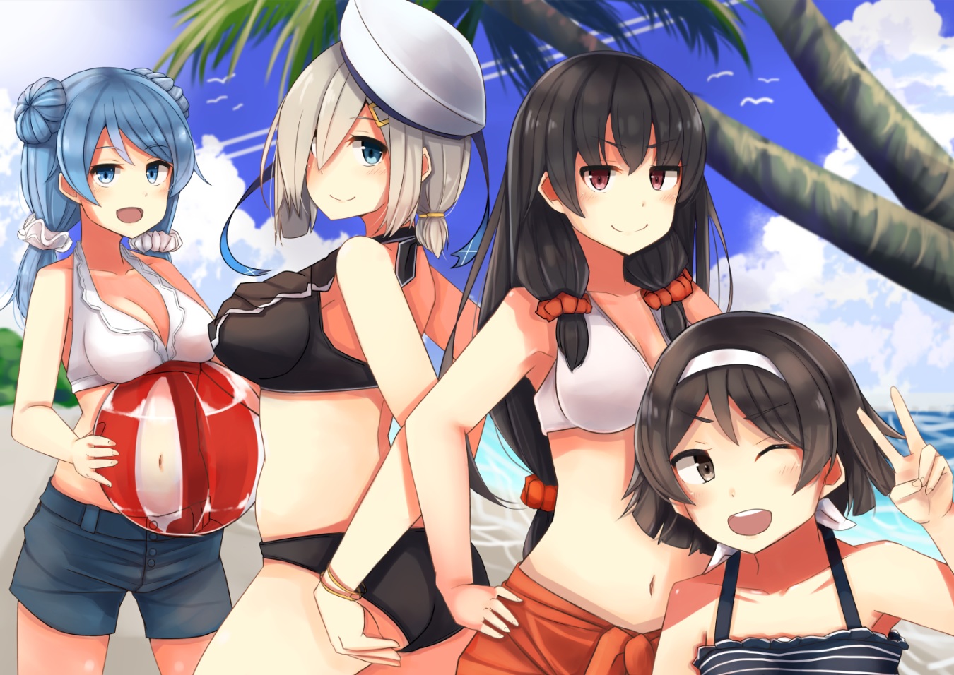 anthropomorphism, bikini, breasts, cleavage, clouds, group, hamakaze_(kancolle), hat