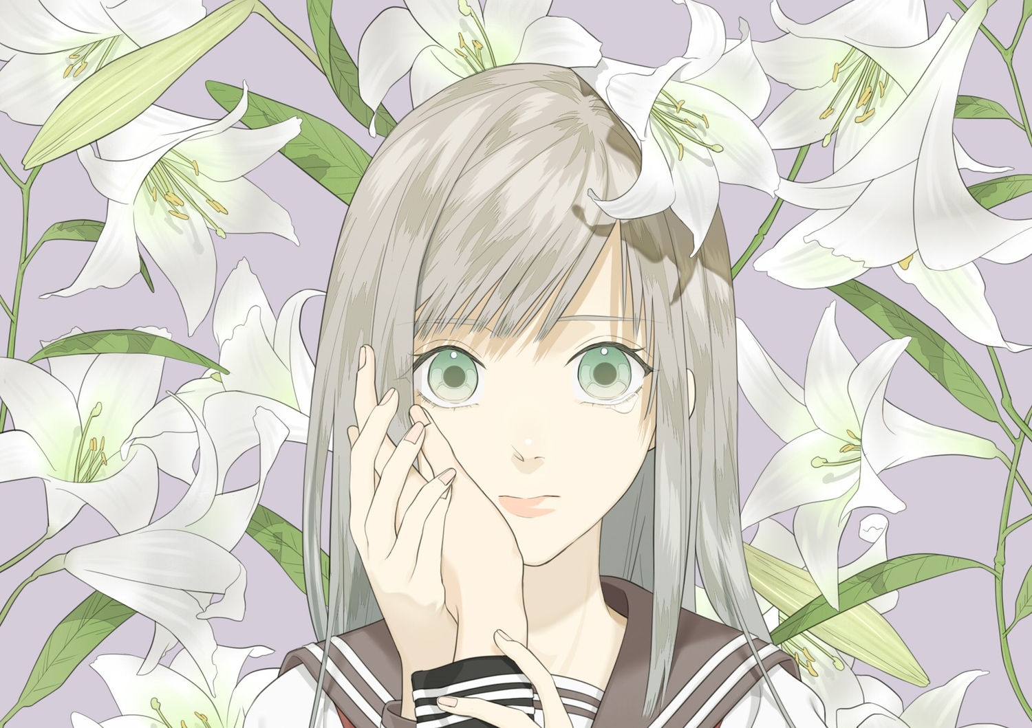 crying, flowers, kosagi_midori, original, school_uniform, tears