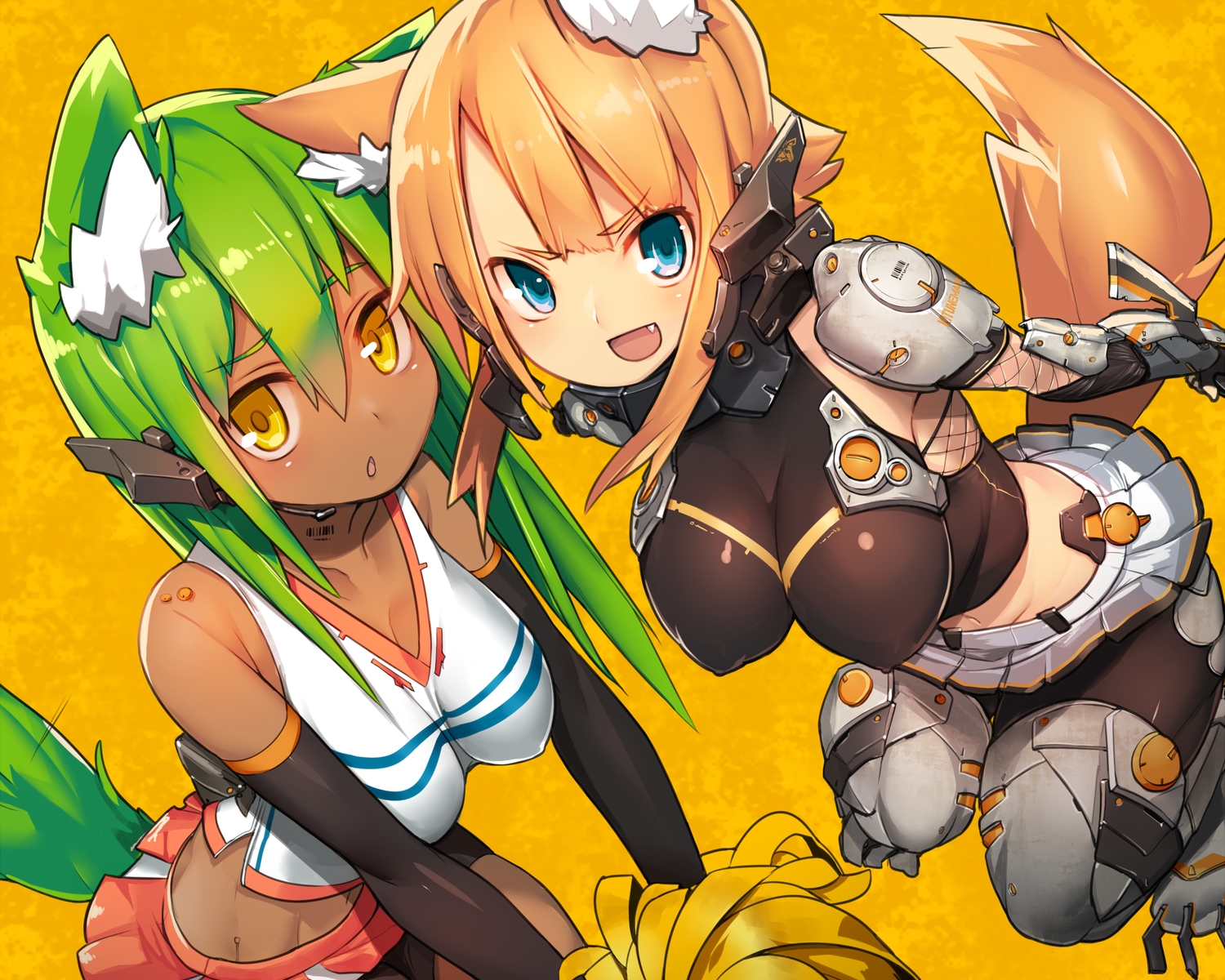 2girls, animal_ears, aqua_eyes, armor, bike_shorts, blonde_hair, breasts, cheerleader, cropped, dark_skin, elbow_gloves, erect_nipples, fang, foxgirl, gloves, green_hair, katsudansou, long_hair, original, short_hair, shorts, skintight, skirt, tail, techgirl, yellow, yellow_eyes