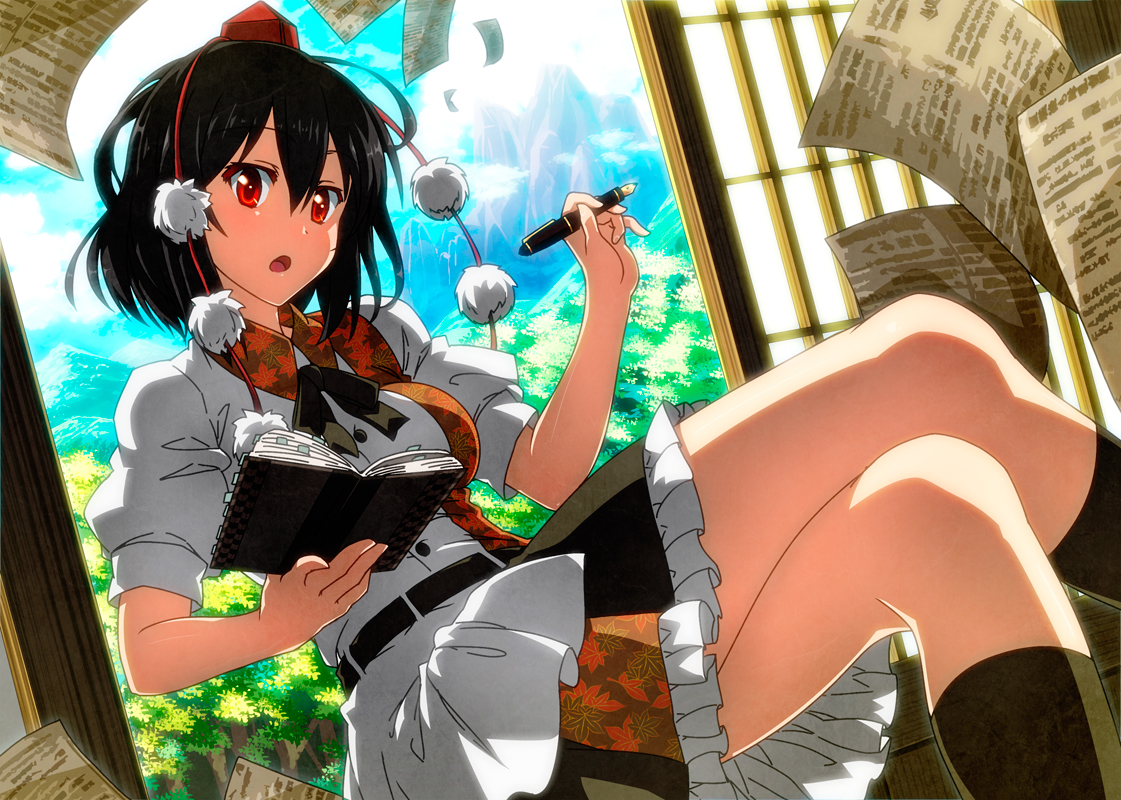 black_hair, book, hat, kneehighs, paper, red_eyes, sazanami_mio, shameimaru_aya