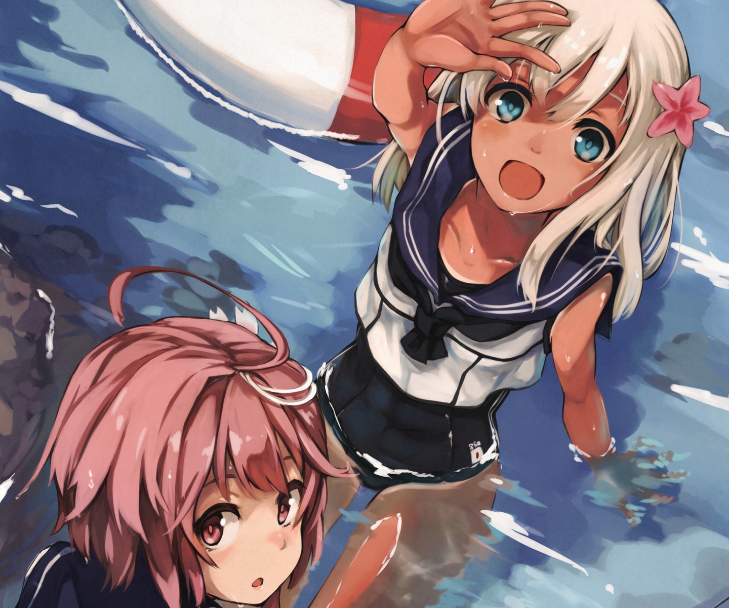 anthropomorphism, blue_eyes, brown_eyes, brown_hair, cropped, dark_skin, gray_hair, i-58_(kancolle)