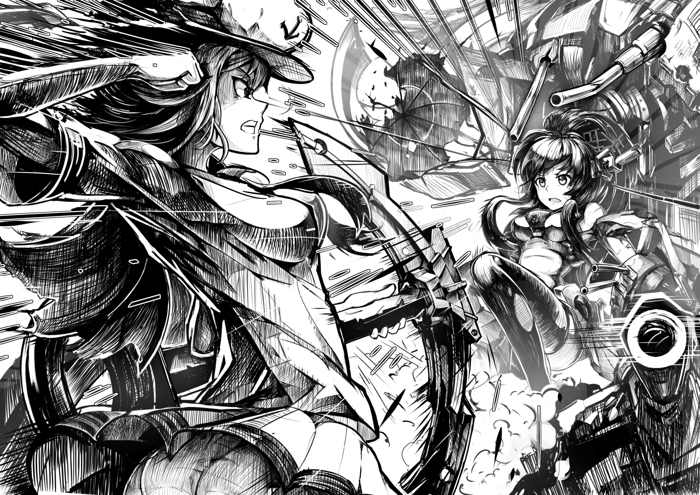 2girls, anthropomorphism, crossover, janyhero, kantai_collection, monochrome, murasa_minamitsu, punch