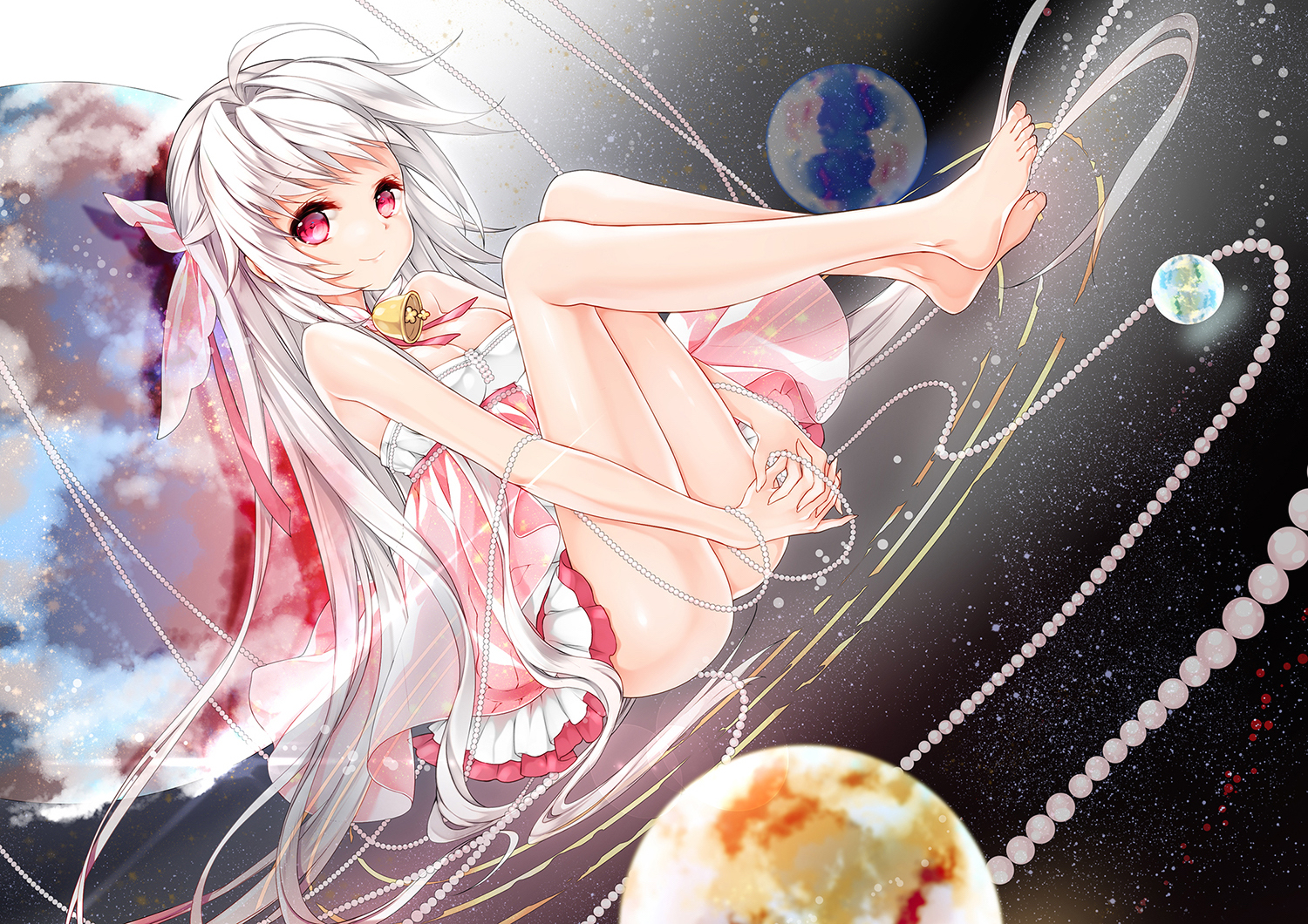 barefoot, bell, breasts, cleavage, dress, juna, long_hair, necklace, original, pink_eyes, planet, ribbons, white_hair