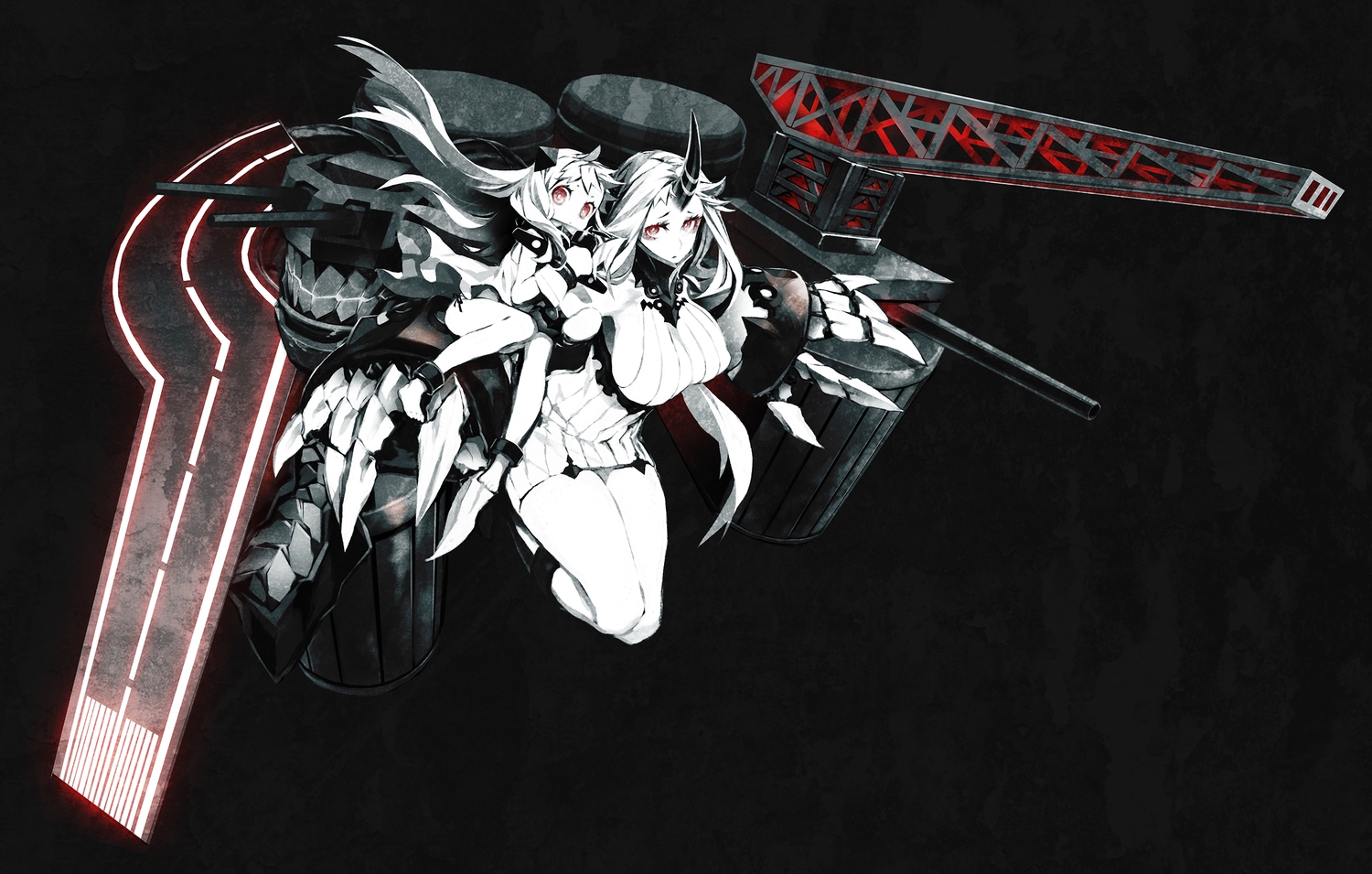 2girls, anthropomorphism, barefoot, black, dress, horns, kantai_collection, long_hair