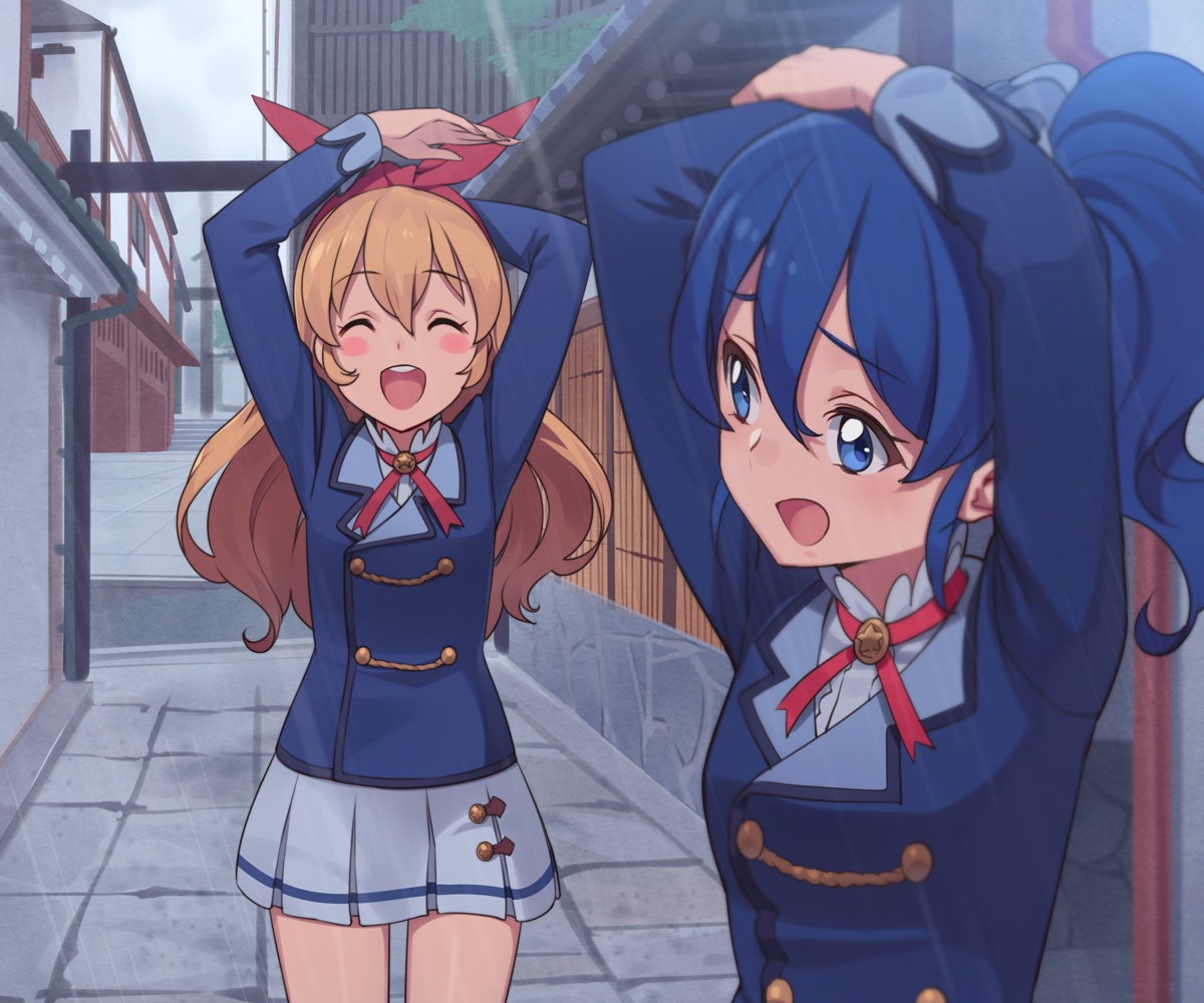 2girls, aikatsu!, blonde_hair, blue_eyes, blue_hair, cropped, headband, hoshimiya_ichigo, kamo_kamen, kiriya_aoi, long_hair, ponytail, rain, school_uniform, water