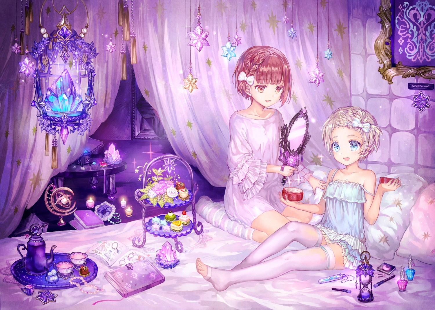 anthropomorphism, bed, food, kantai_collection, loli, mirror, purple, ribbons
