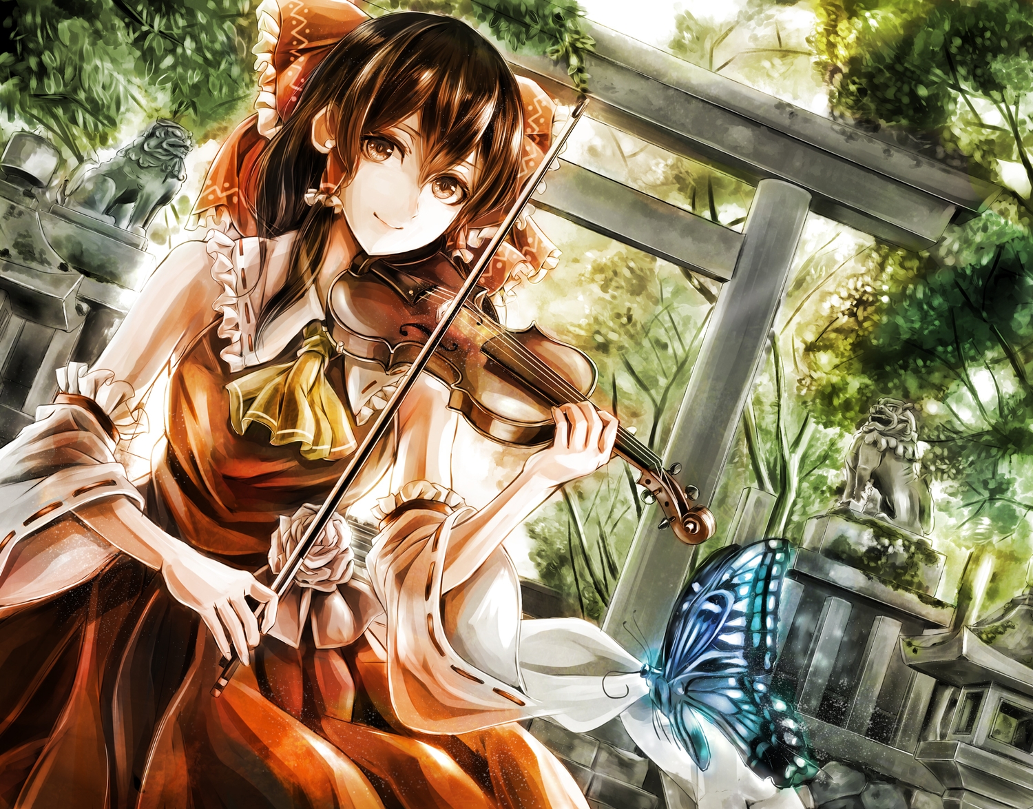 bow, brown_eyes, brown_hair, butterfly, flowers, hakurei_reimu, instrument, jan_(lightdragoon)