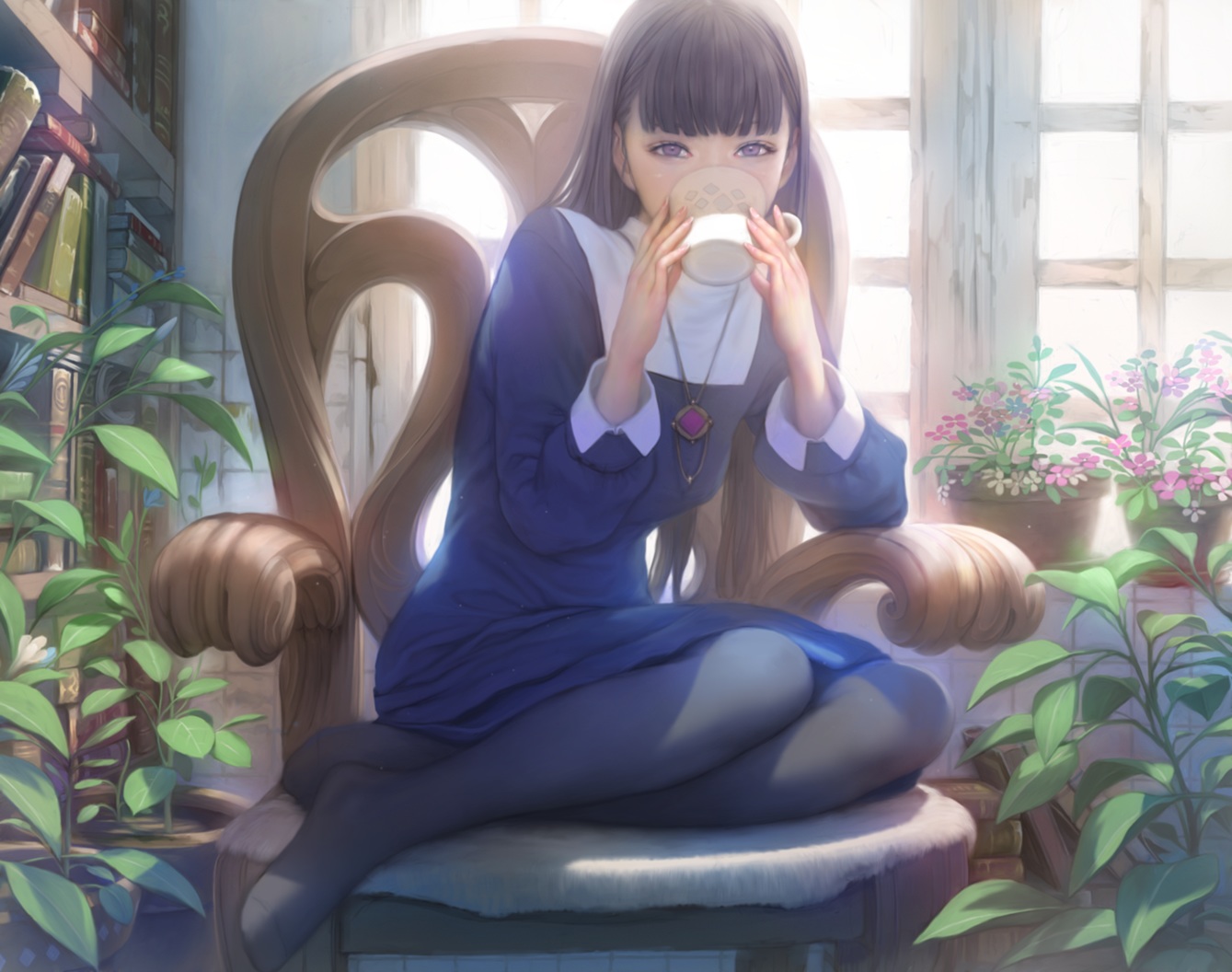black_hair, book, dress, drink, leaves, long_hair, mujiha_(mlog), necklace, original, pantyhose, purple_eyes