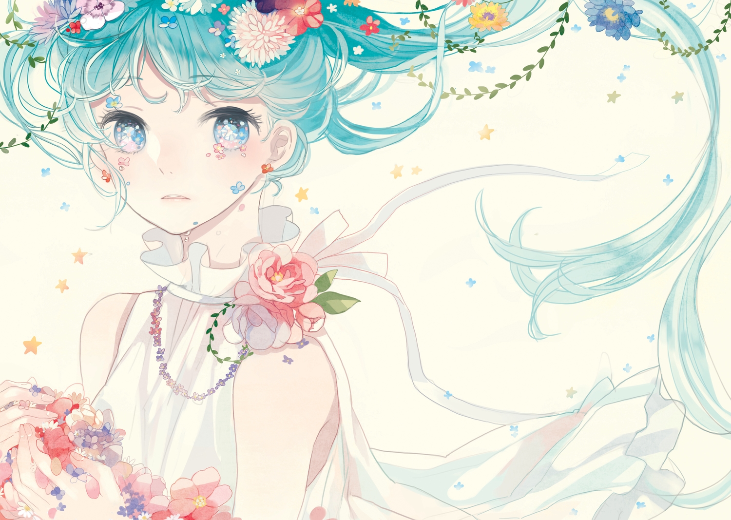 aqua_eyes, aqua_hair, dress, flowers, hatsune_miku, kyang692, long_hair, summer_dress