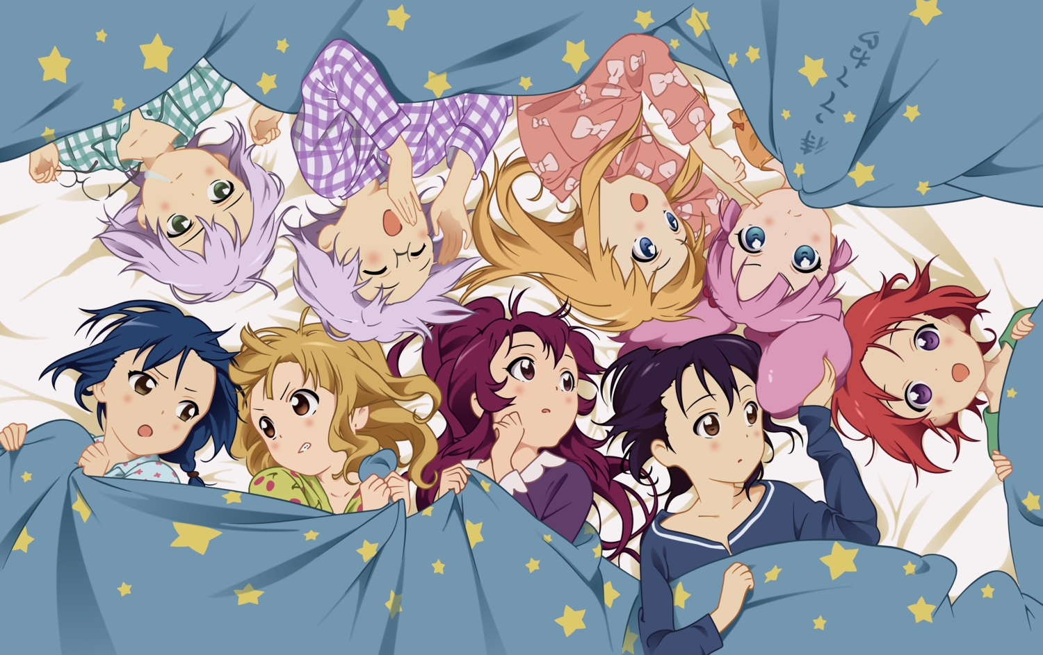 akaza_akari, bed, funami_yui, furutani_himawari, group, ikeda_chitose, ikeda_chizuru, oomuro_sakurako