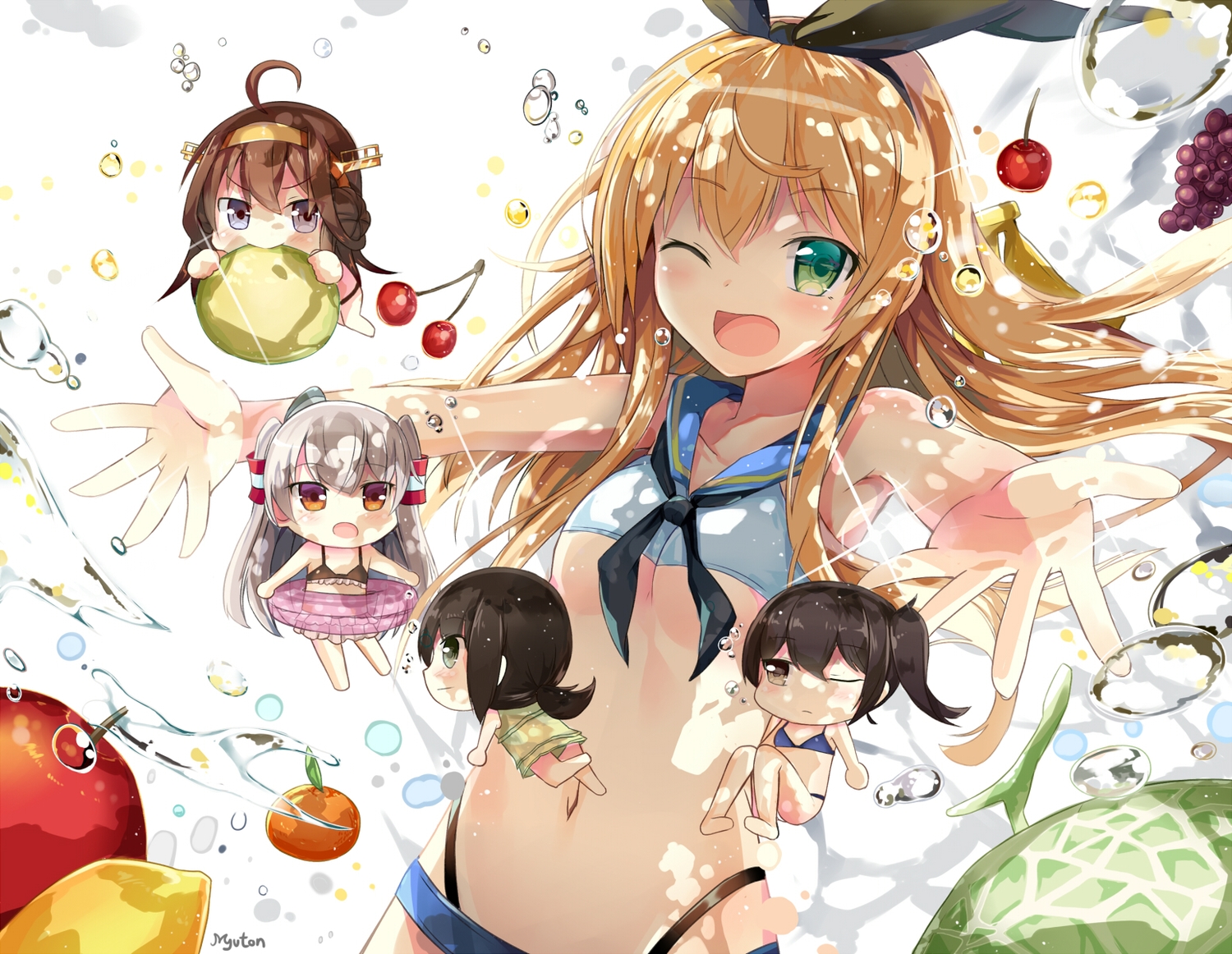 amatsukaze_(kancolle), anthropomorphism, barefoot, bikini, blonde_hair, blue_eyes, blush, brown_eyes, brown_hair, bubbles, chibi, food, fruit, fubuki_(kancolle), gray_hair, green_eyes, group, headband, kaga_(kancolle), kantai_collection, kongou_(kancolle), long_hair, myuton, navel, ponytail, shimakaze_(kancolle), signed, swim_ring, swimsuit, wink