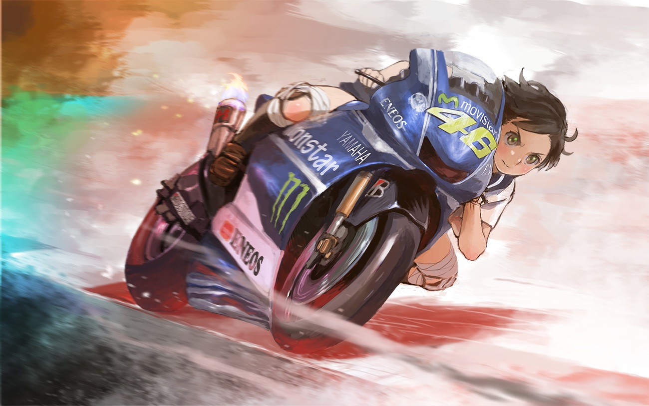 bandage, brown_hair, green_eyes, kneehighs, motorcycle, original, room_(room443), school_uniform, short_hair