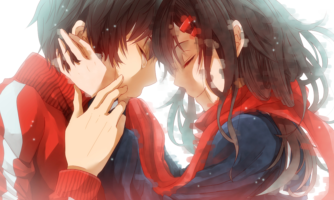 black_hair, close, hug, kagerou_project, kisaragi_shintaro, male, nalwori, scarf, tateyama_ayano, tears
