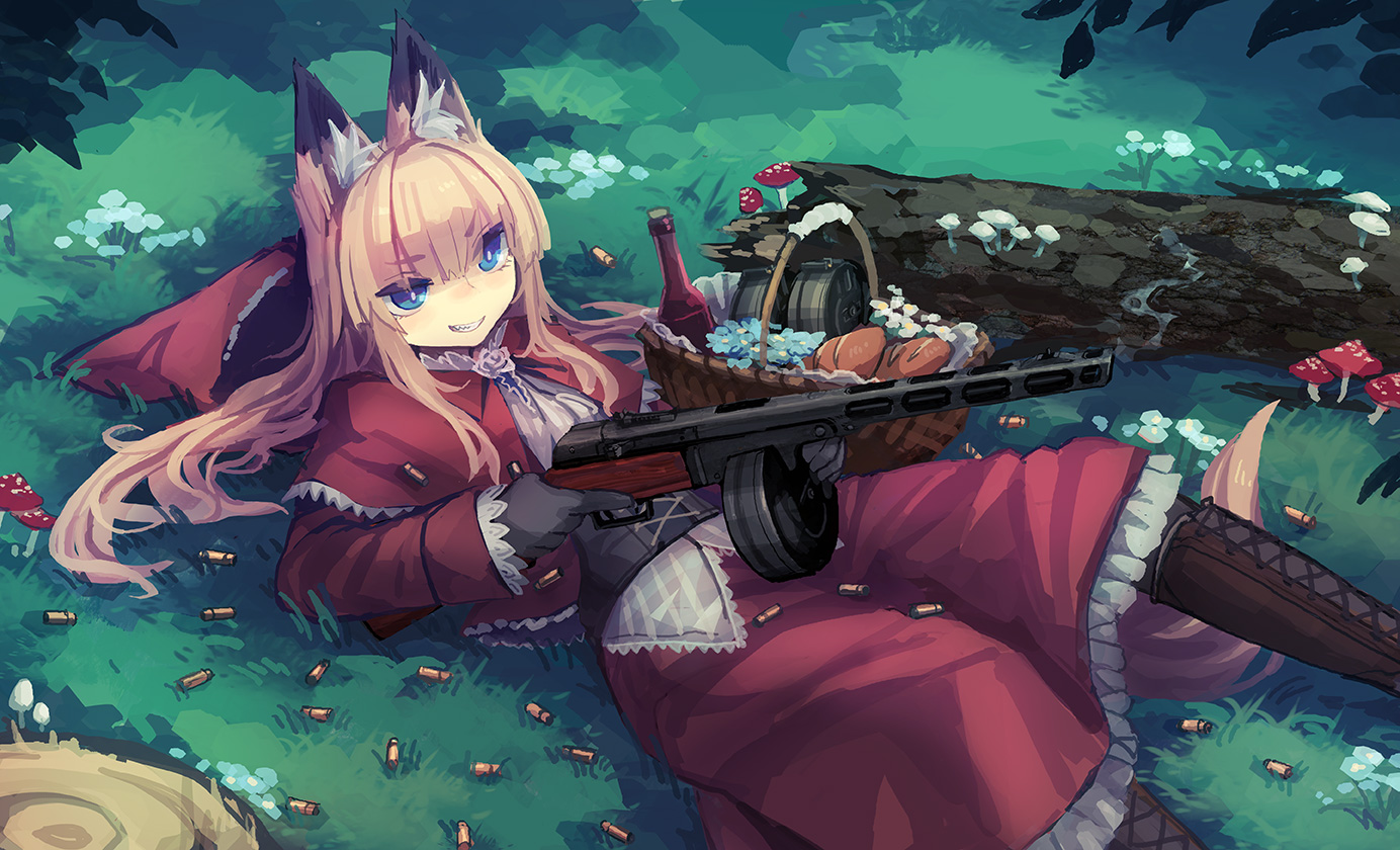 animal_ears, bee_(deadflow), blonde_hair, blue_eyes, boots, drink, food, foxgirl