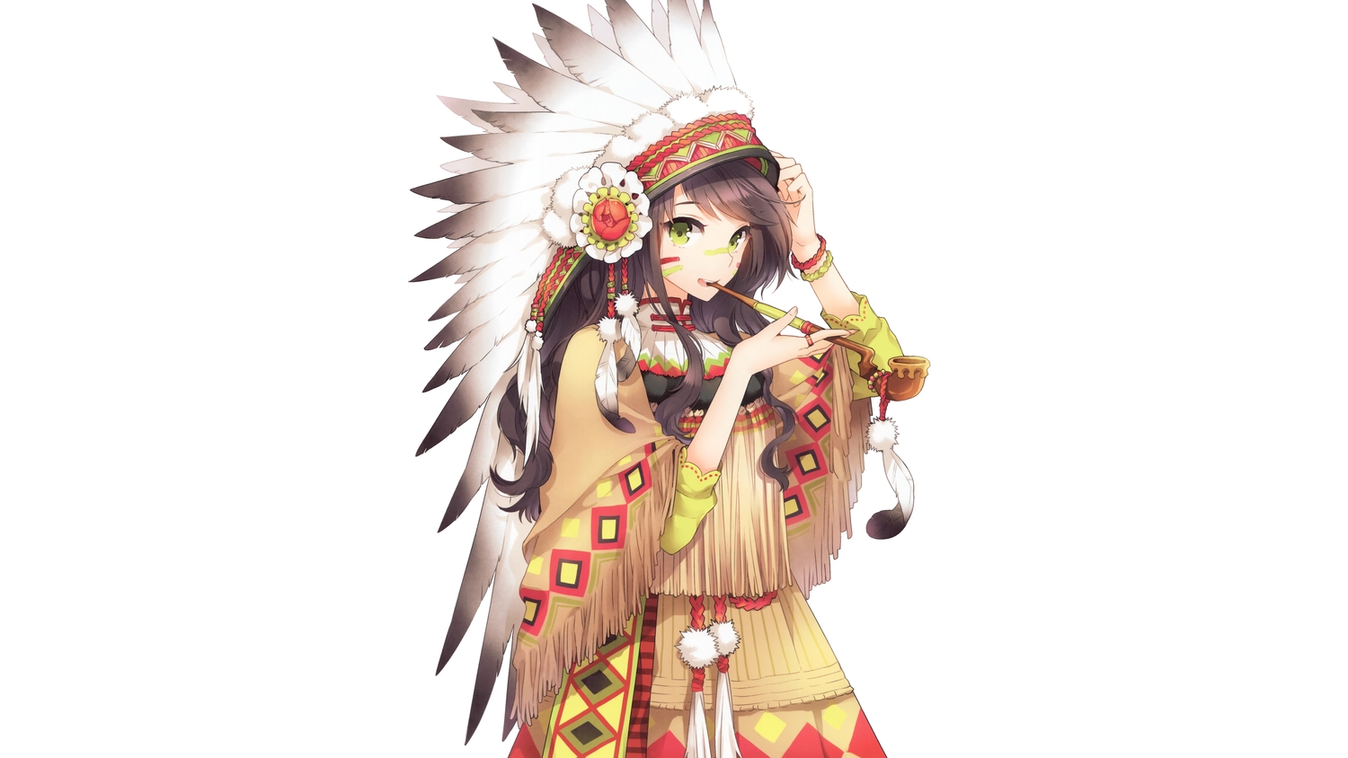 brown_hair, cape, dress, feathers, green_eyes, headdress, nardack, original