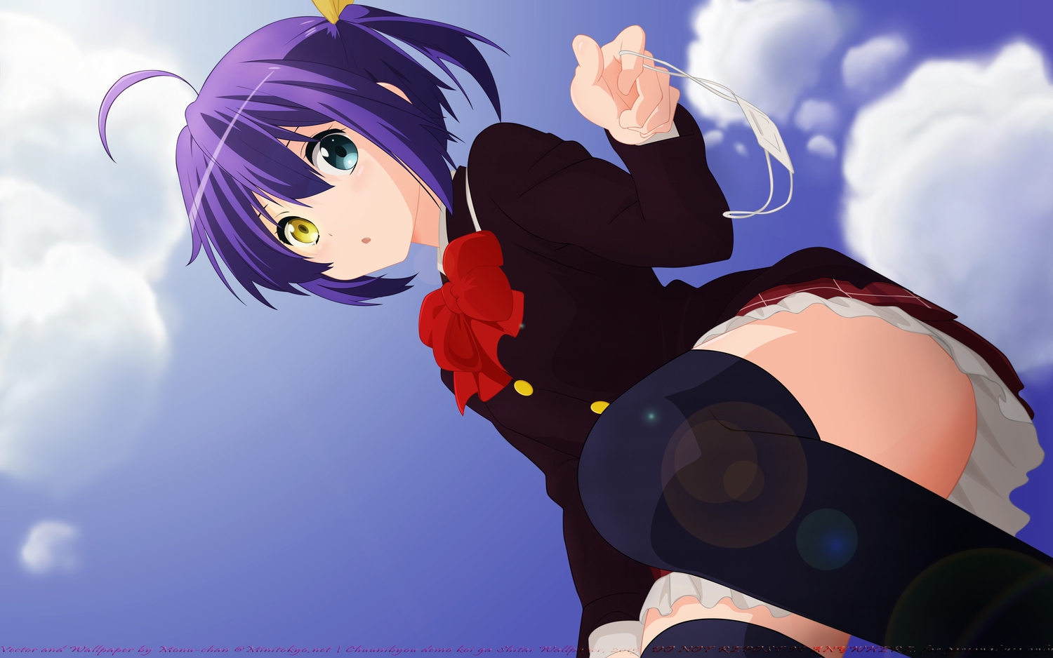 bicolored_eyes, bow, chuunibyou_demo_koi_ga_shitai!, clouds, eyepatch, monu-chan, purple_hair, school_uniform