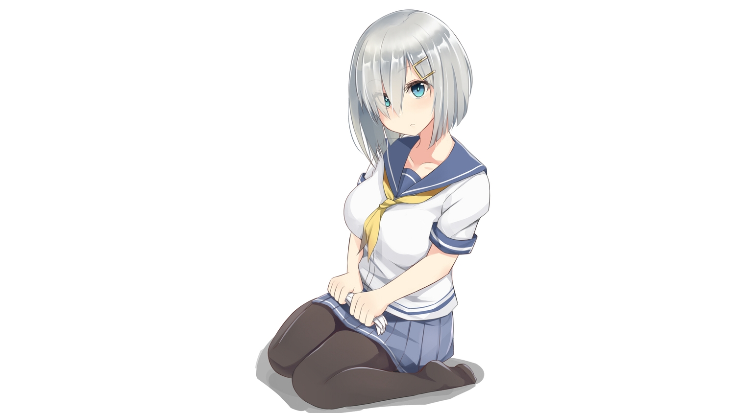 anthropomorphism, blue_eyes, ckros-15, gloves, gray_hair, hamakaze_(kancolle), kantai_collection, pantyhose, school_uniform, short_hair, white