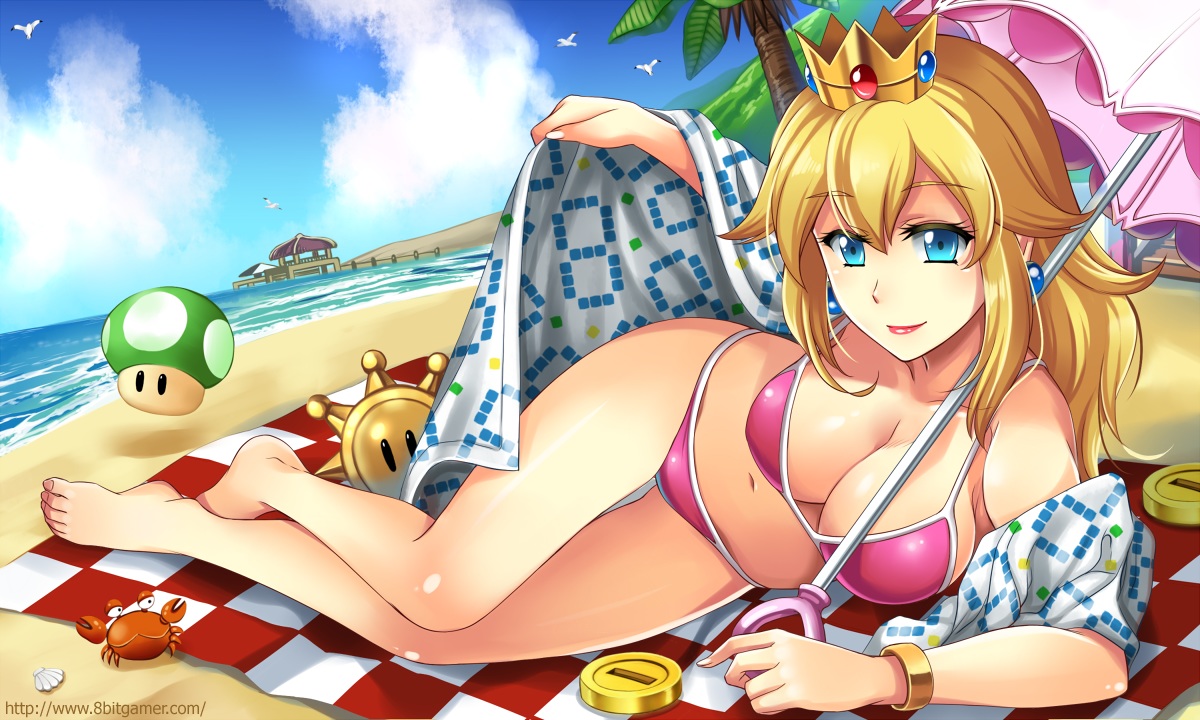 animal, arseniquez, bikini, bird, blonde_hair, blue_eyes, breasts, cleavage, crab, princess_peach, super_mario, swimsuit, umbrella, water, watermark, wristwear