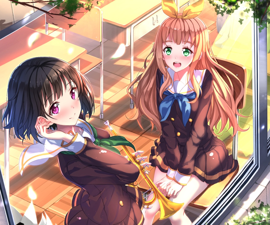 2girls, black_hair, blonde_hair, cropped, green_eyes, hibike!_euphonium, instrument, long_hair, nakaseko_kaori, purple_eyes, school_uniform, short_hair, swordsouls, yoshikawa_yuuko