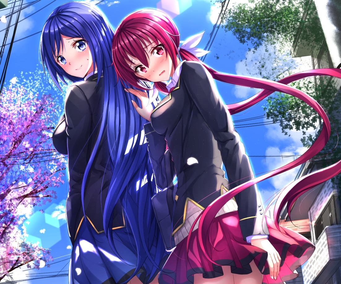 blue_eyes, blue_hair, blush, building, cropped, joukamachi_no_dandelion, long_hair, red_eyes, red_hair, sakurada_akane, sakurada_aoi, school_uniform, swordsouls, tree, twintails