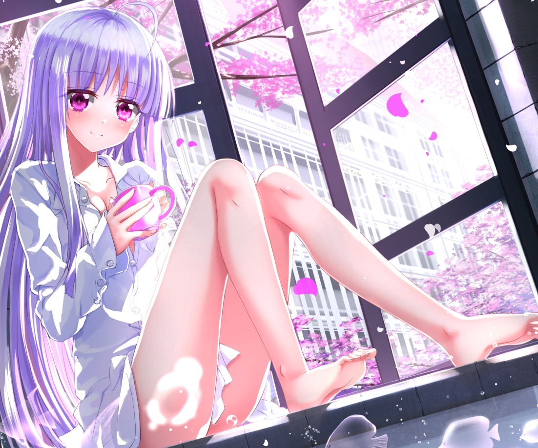 absolute_duo, animal, barefoot, building, cherry_blossoms, cropped, drink, fish
