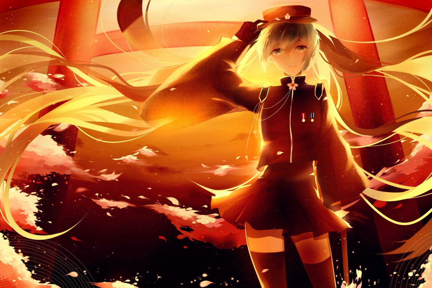 clouds, gloves, hat, hatsune_miku, lococo:p, long_hair, senbon-zakura_(vocaloid), skirt