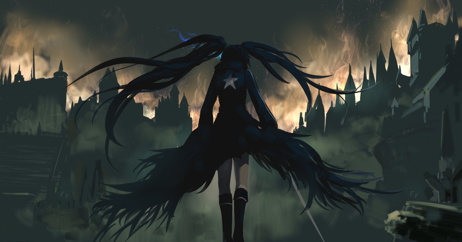black_hair, black_rock_shooter, bloodborne, boots, building, city, crossover, dark, fire, kuroi_mato, long_hair, oottaakkuu, sword, twintails, weapon